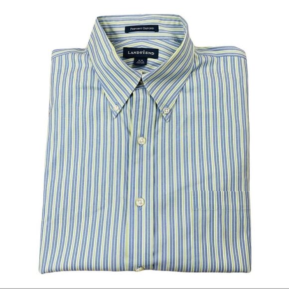Land’s End Shirt Mens Large L Blue Green Stripe Long Sleeve Button Down Collar - Picture 4 of 4